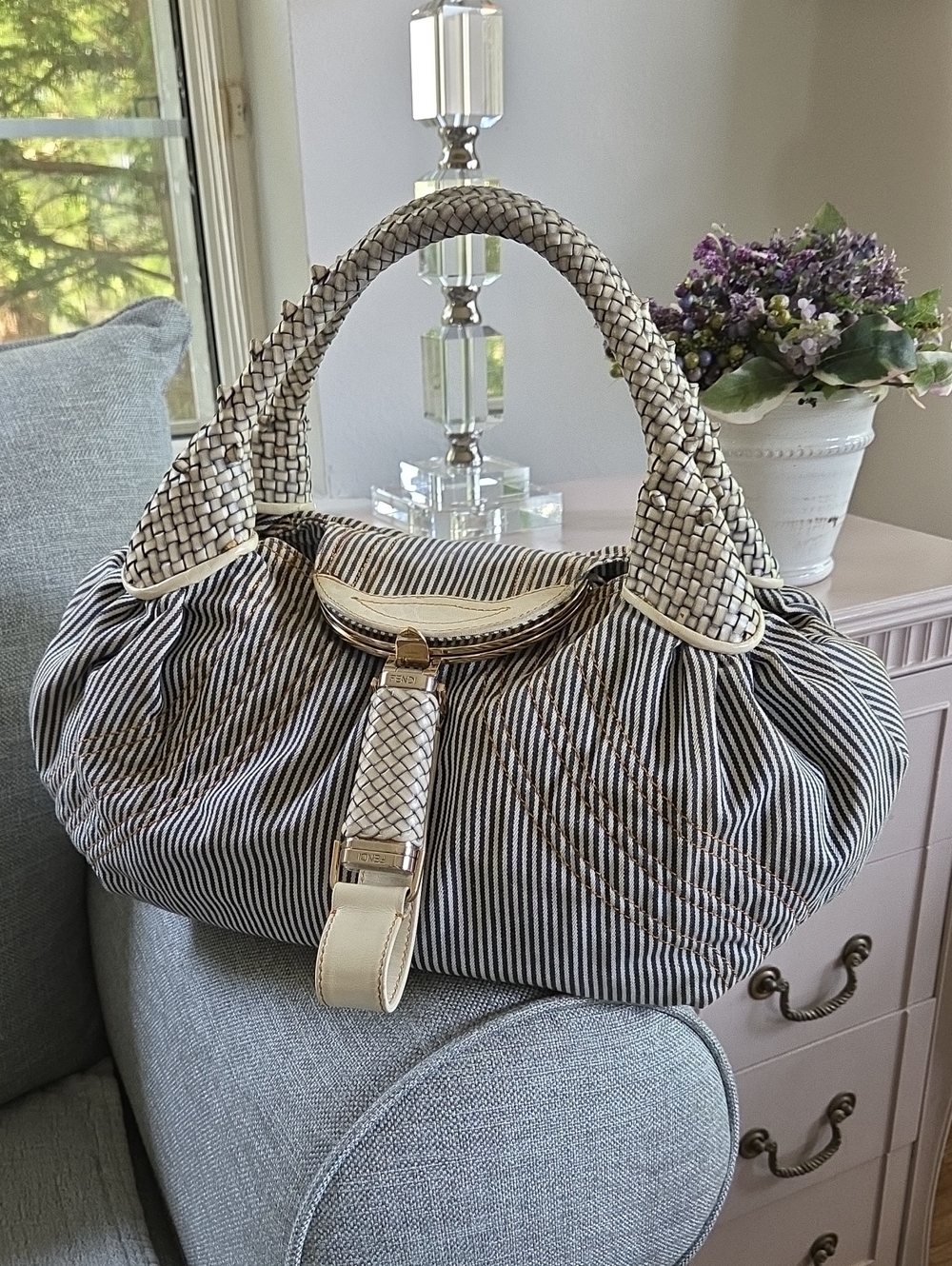FENDI Navy Striped Denim Spy Bag